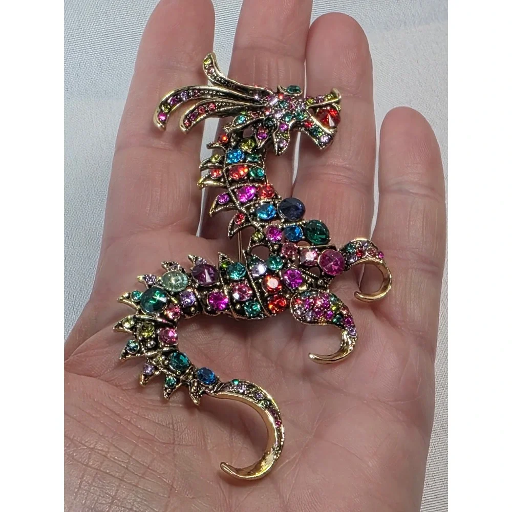 Multicolor Rhinestone Dragon Brooch Antique‎ Gold Tone Crystal Mythical Pin 4 In